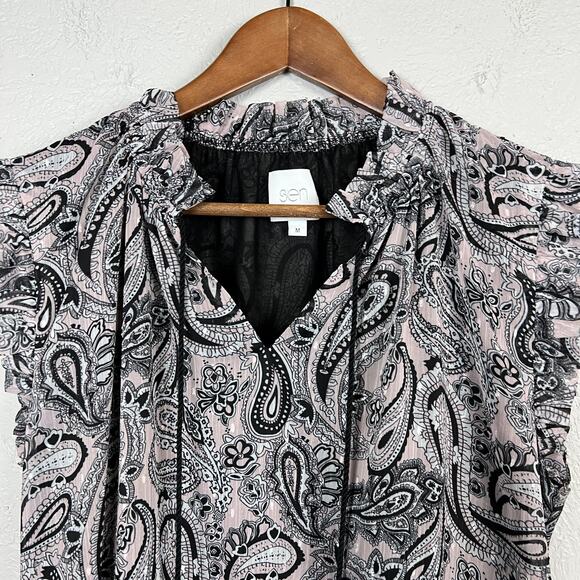 SEN Paisley Tunic Peasant Blouse Top Tassel V Neck Sleeveless - M - Picture 2 of 3